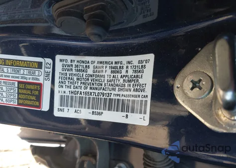 2007 Honda Civic Lx из США, поврежденный, VIN 1HGFA165X7L079137